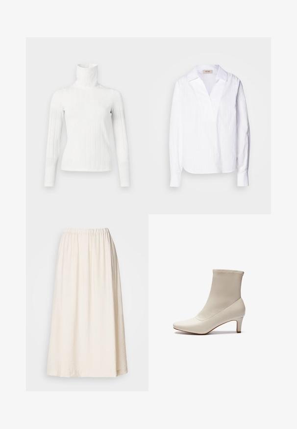 Witte geribbelde turtleneck trui met lange mouwen, met een hoge kraag en een gladde textuur. De pasvorm is slank en aansluitend.; Witte langemouwenshirt van lichtgewicht textuurstof, met een V-halslijn, een oversized kraag en subtiele verticale strepen.; Lange, crèmekleurige rok met een elastische tailleband. Gemaakt van een gemêleerde stof, heeft het een volle silhouet en valt het soepel.; Witte enkelboot gemaakt van glad leer met een spitse neus en een korte, taps toelopende hak. Beschikt over een minimalistisch ontwerp en een naadloos bovenwerk.