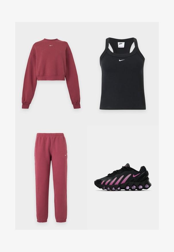 Sudadera corta color burdeos con mangas largas y puños acanalados, con un pequeño logo blanco de Nike swoosh en el centro del escote.; Top corto negro de Nike con espalda racer y canalé, con el logo blanco de Nike swoosh centrado bajo el escote.; Pantalones jogger de forro polar burdeos con cintura y puños elásticos, bolsillos laterales y pequeño logo blanco de Nike Swoosh en el muslo izquierdo.; Zapatillas Nike negras y rosas con parte superior de malla, diseño curvado y amortiguación morada redondeada en la suela y los laterales.