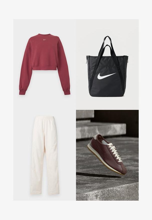 Sweat-shirt court bordeaux avec manches longues et poignets côtelés, arborant un petit logo Nike swoosh blanc au centre de l'encolure.; Pantalon couleur crème à taille élastique et coupe droite, de coupe ample, présenté sur un fond blanc uni.; Baskets Nike bordeaux avec lacets blancs et semelle beige suspendues au-dessus de marches en béton gris en plein air.; Sac fourre-tout en nylon noir avec deux bretelles, doté d'un grand logo blanc Nike, fermeture éclair, et un design rectangulaire élégant.