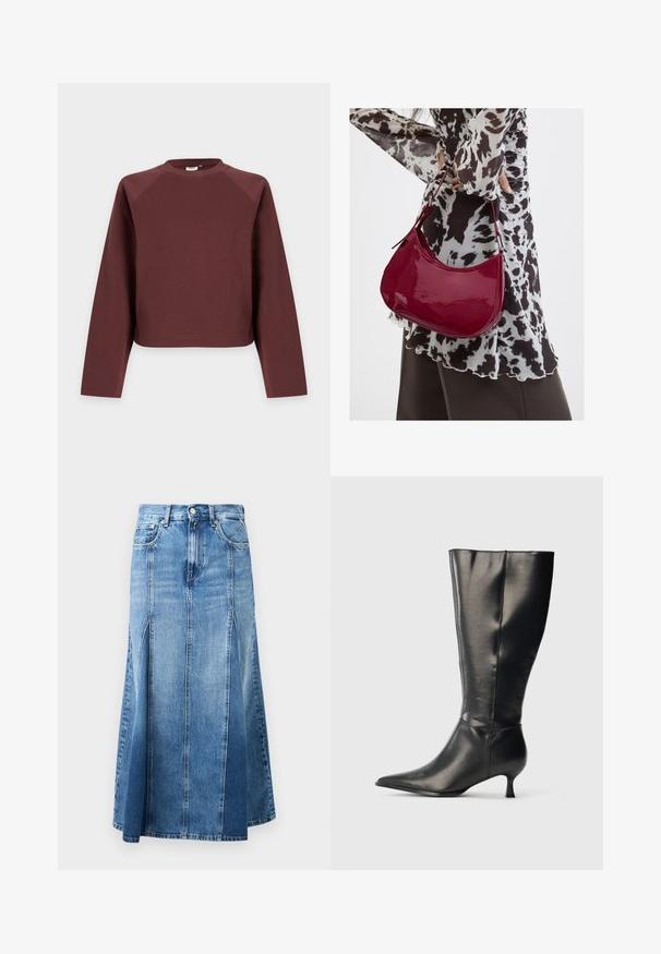 Langærmet, rund hals, ensfarvet brun sweatshirt med løs pasform, vist mod en lys grå baggrund.; Denim nederdel med en lys til mørk blå gradient, knælængde, med lige snit, frontslids og klassisk knap- og lynlås-lukning.; Sort knæhøj læderstøvle med spids tå og lav kittenhæl, vist på en enkel lys baggrund.; Kvinde iført en sort- og hvidmønstret bluse, der holder en blank rød skuldertaske mod en ensfarvet baggrund.