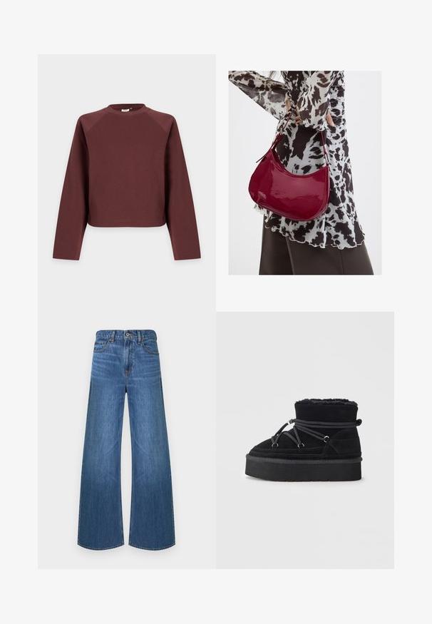 Sweat-shirt marron uni à manches longues et col rond avec une coupe décontractée, présenté sur un fond gris clair.; Jean denim bleu à jambes larges avec bouton avant et fermeture éclair, style cinq poches, et passants pour ceinture, présenté sur un fond blanc.; Bottines en suède noir avec une doublure en peluche, bout rond et semelle épaisse. Équipées d'un système de lacets gris avec des accents métalliques.; Femme portant un chemisier à motif noir et blanc tenant un sac à main rouge brillant sur un fond uni.