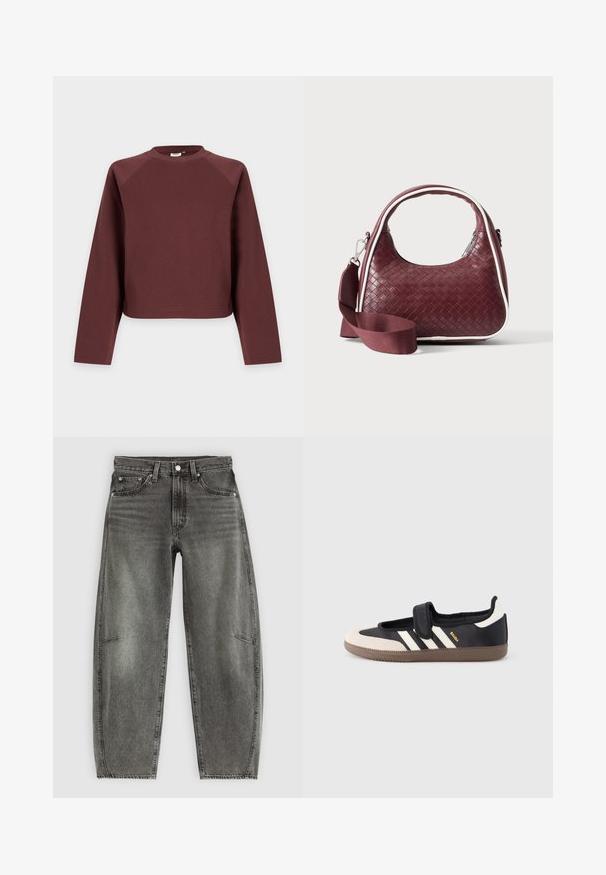 Sweater met lange mouwen, ronde hals, effen bruin, met een losse pasvorm, getoond tegen een lichtgrijze achtergrond.; Hoge taille grijs gewassen denim jeans met vijf zakken, knoopsluiting en een ontspannen rechte pasvorm.; Zwart-beige sneaker met een klittenbandsluiting, drie witte strepen aan de zijkant en een getextureerde bruine rubberen zool. Merkembleem zichtbaar.; Donkerrode geweven leren handtas met gebogen handvat, witte bies, zilveren rits en afneembare brede stoffen schouderriem tegen een effen achtergrond.
