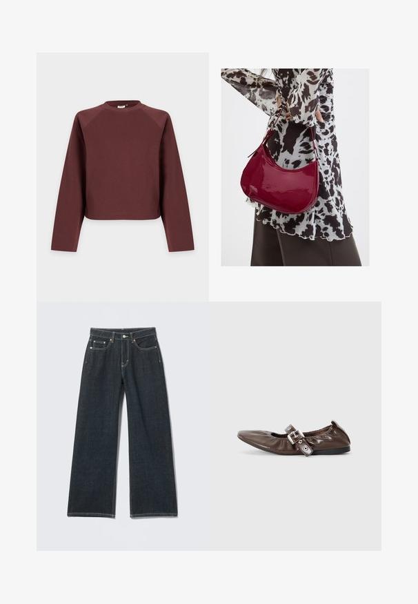 Sweater met lange mouwen, ronde hals, effen bruin, met een losse pasvorm, getoond tegen een lichtgrijze achtergrond.; Donkerblauwe jeans met wijde pijpen, knoopsluiting aan de voorkant, rits, lussens voor riem en vijf zakken, tegen een lichte effen achtergrond.; Bruine gepatineerde leren ballerina met een spitse neus, elastische strikdetail en een zilveren gespaccent aan de zijkant. Zwarte rubberen zool.; Vrouw met een zwart-wit gebloemde blouse houdt een glanzende rode schoudertas vast tegen een effen achtergrond.