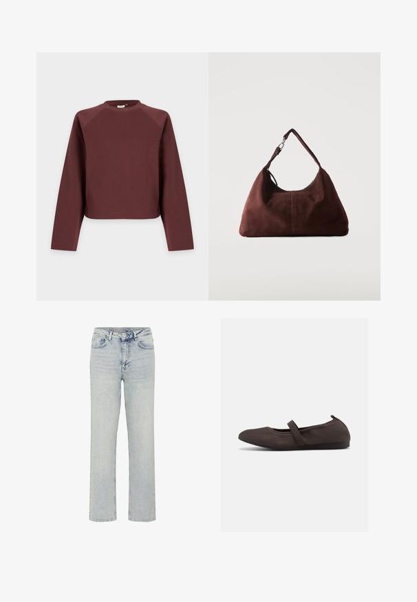 Langärmliges Rundhals-Sweatshirt in uni Braun mit entspannter Passform, vor hellgrauem Hintergrund dargestellt.; My Essential Wardrobe WIDE 05 THE LOUIS 139 - Jeans Relaxed Fit - light blue dirty wash; Brauner Ballettschuh mit elastischem Riemen und abgerundeter Spitze, seitliche Ansicht vor weißem Hintergrund.; Weiche braune Wildleder-Umhängetasche mit einem einzelnen Träger und silbernen Metallbeschlägen vor einfachem hellem Hintergrund.