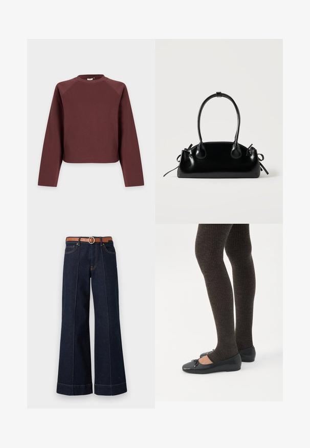 Sweater met lange mouwen, ronde hals, effen bruin, met een losse pasvorm, getoond tegen een lichtgrijze achtergrond.; Donkerblauwe denim wijde pijpen jeans met een hoge taille, een brown riem en zichtbare stikseldetails. Bevat voorzakken en heeft een relaxed fit.; Benen met donkere geribbelde leggings gecombineerd met zwarte ballerina's met kleine strikdetails op een witte achtergrond.; Kleine zwarte glanzende handtas met twee lange hengsels en zijkant trekkoord details op een effen lichte achtergrond.