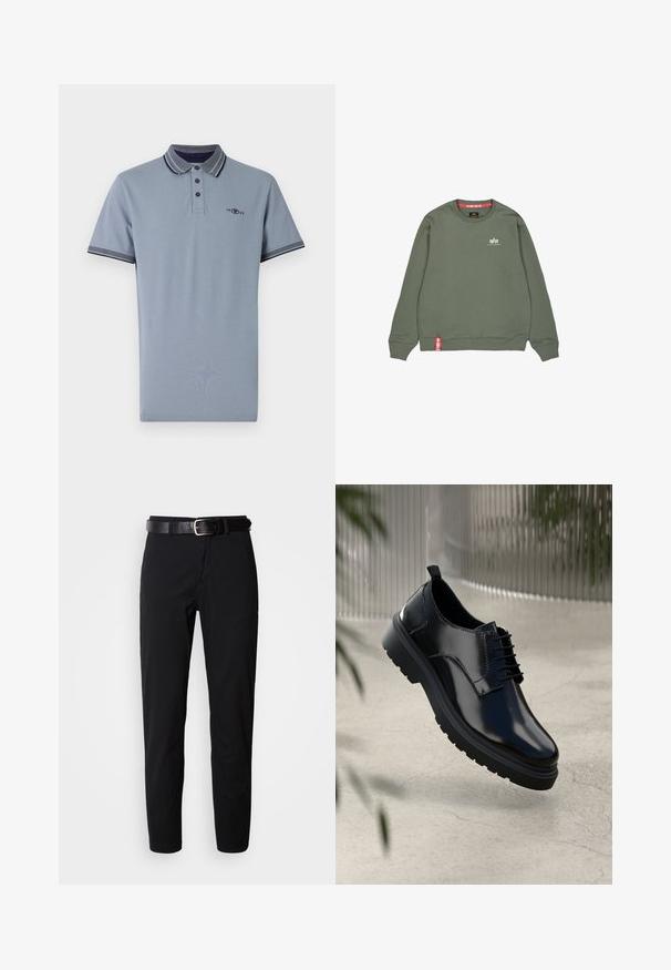 Olivengrønt sweatshirt lavet af blødt stof, med rund halsudskæring, ribbede mansjetter, logo i hvidt og et rødt mærke ved kanten.; Polo skjorte i lyseblå bomuld, med en kontrastfarvet krave med marineblå detaljer, to-knap lukning og et lille logo på brystet.; Sorte bukser med lige snit, der har en glat tekstur og et sort læderbælte med en sølvspænde. Enkel design, ingen mønstre eller accenter.; Sorte lædersko med en blank overflade, rund tå, snøredesign, kontrastsyninger og en tyk gummisål med mønster.