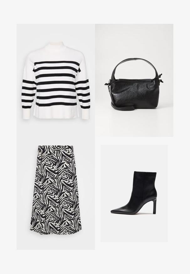 Bluse med sorte og hvide striber og høj hals, ribbede manchetter og afslappet pasform. Blød, strikket tekstur med ensartede vandrette mønstre.; Sorte og hvide nederdel med et snurrende zebra mønster, med en lige skæring og nederste kant. Fremstillet af et glat, letvægtigt stof.; Zign Højhælede støvletter - black; Sort læderhåndtaske med et struktureret design, rund tophåndtag og aftagelig skulderrem. Den har en glat tekstur og en subtil glans.