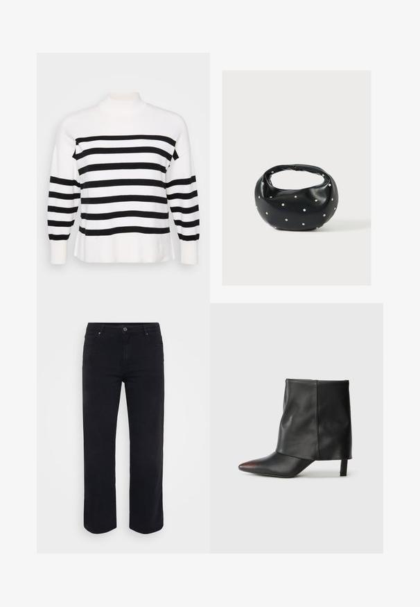 Bluse med sorte og hvide striber og høj hals, ribbede manchetter og afslappet pasform. Blød, strikket tekstur med ensartede vandrette mønstre.; Sorte denimjeans med lige ben-design. Funktioner inkluderer en knaplukning i taljen, bæltestropper og front-/baglommer. Glat tekstur.; Sort ankelstøvle lavet af glat læder med spids tå og tilspidset hæl. Overdelen har et let rynket design.; Sort læderhåndtaske med en rundet form, dekoreret med sølvnitter, og et kort håndtag. Glat tekstur og lynlåslukning.
