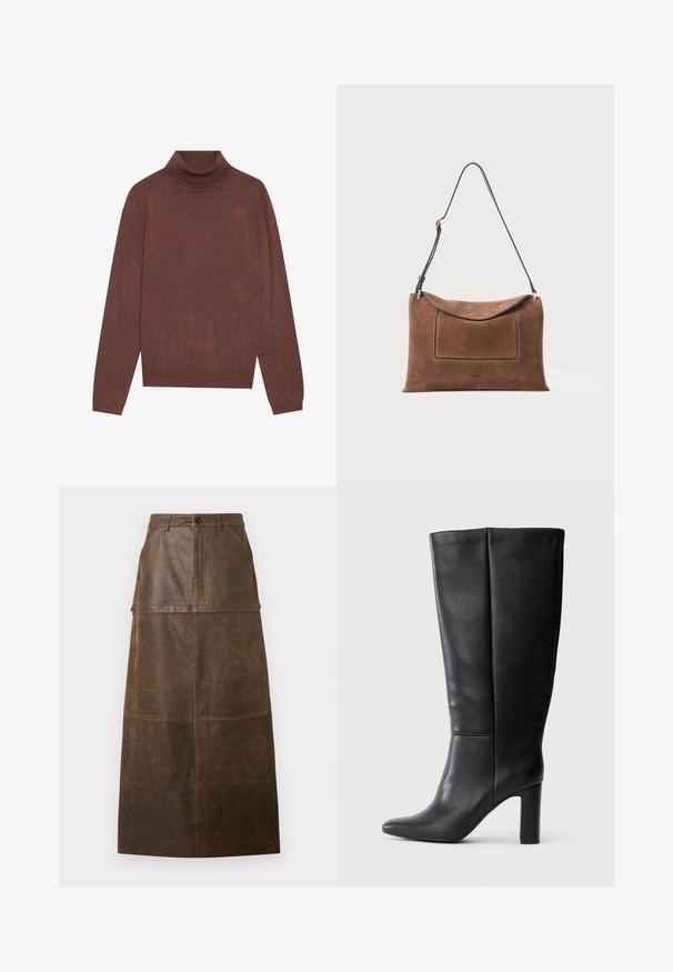Brun rullekrave sweater med lange ærmer. Lavet af et blødt, tekstureret stof. Har en tætsiddende halsudskæring og en afslappet silhuet.; Brun læder midi-nederdel med høj talje, frontlommer og en glat overflade med synlige syninger.; Sorte læderstøvler til knæet med spidse tæer og en blokhælk. Glat tekstur med subtile syninger.; Brun ruskinds håndtaske med en glat tekstur og en buet top. Har en sort læderrem og en rektangulær frontlomme. Guld hardware detaljer.