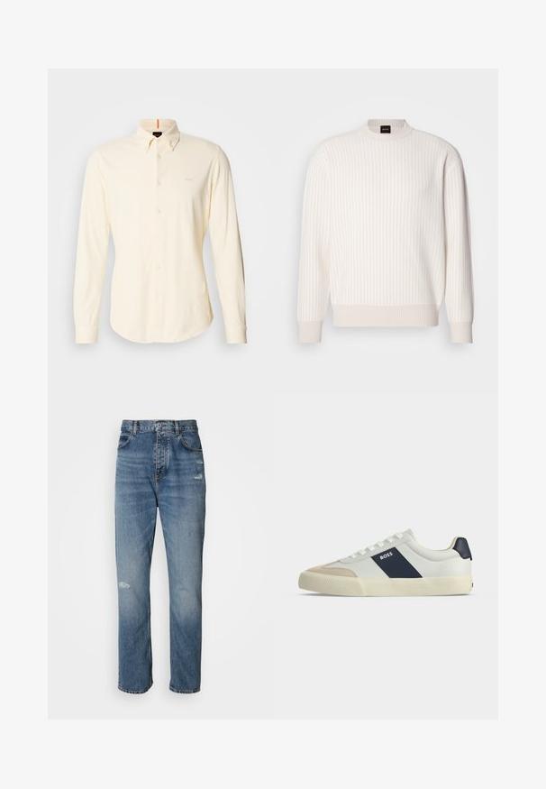 Pull blanc à côtes, avec un col rond et des manches longues. Il présente un tissu texturé avec une finition douce et de subtils lignes horizontales.; Chemise à manches longues, boutonnée, en coton beige clair ; dotée d'un col classique et d'un petit logo sur le côté supérieur gauche de la poitrine.; Jean en denim bleu clair au design droit, avec une fermeture à bouton et zip, cinq poches et des détails usés près des genoux.; Baskets basses blanches avec bout beige, bande latérale bleu marine marquée BOSS, lacets blancs et semelle en caoutchouc sur fond neutre.