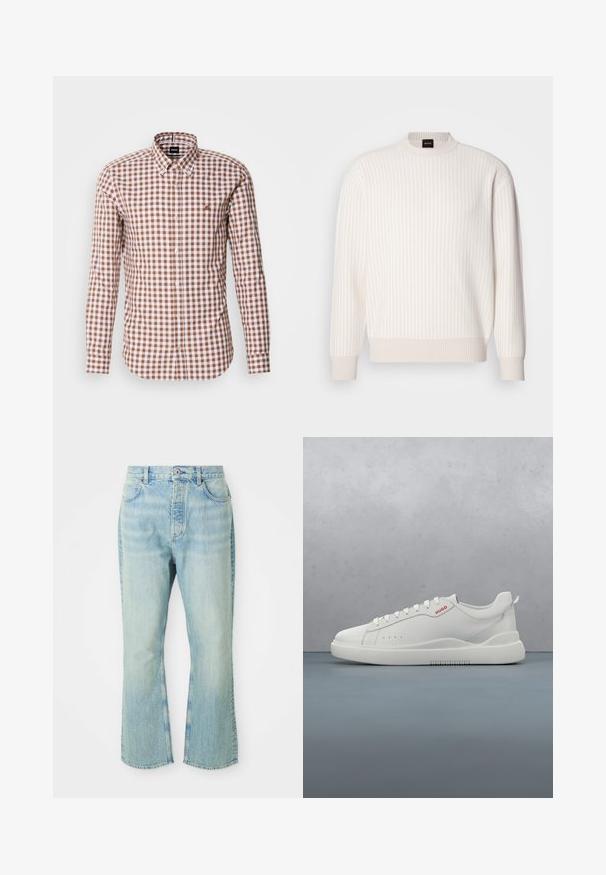 Hvid ribbet sweater med rund halsudskæring og lange ærmer. Har et tekstureret stof med en blød finish og subtile vandrette linjer.; Brun og hvid ternet langærmet skjorte med knap-ned krave og broderet logo på brystet. Bomuldsstoffets tekstur.; Lysblå denim flared jeans med høj talje, der har fem lommer, bæltestropper og en toned vævning.; Hvide sneakers med en glat læderfinish, rund tå, fire snørehuller, subtile perforeringer og en rød logo detalje på siden.