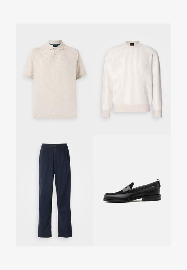 Hvid ribbet sweater med rund halsudskæring og lange ærmer. Har et tekstureret stof med en blød finish og subtile vandrette linjer.; Beige polo skjorte lavet af tekstureret stof med et subtilt palmebladsmønster. Den har en klassisk krave og to knapper ved halsen.; Mørkeblå bukser lavet af en bomuldsblanding. Har et lige ben design, en frontknaplukning og diskrete plisser. Glat tekstur.; Sort læderloafer med grå remdetalje, lav hæl og tekstureret sål, mærket med "HUGO" i guld på siden.