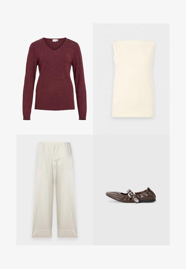 Pull bordeaux à manches longues avec col en V, poignets et ourlet côtelés, confectionné dans un tissu tricoté doux.; Haut sans manches, crème, ajusté, avec un décolleté droit et une texture lisse sur un fond neutre.; Pantalon ample couleur crème avec taille élastique et larges revers, présenté sur un fond clair uni.; Chaussure plate en cuir verni marron avec un bout pointu, un détail de nœud élastiqué et une accent en boucle en argent sur le côté. Semelle en caoutchouc noir.