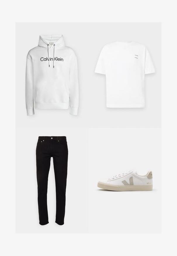 Biela mikina s kapucňou, predným vreckom, nastaviteľnými šnúrkami a čiernym logom "Calvin Klein" v strede na hrudi.; Biely bavlnený tričko s voľným strihom, krátkymi rukávmi a výstrihom do V. Obsahuje dva malé čierne potlačené logá na ľavej strane.; Čierne slim fit rifle s gombíkom a zipsom, prednými a zadnými vreckami, zobrazené na bielom pozadí.; Biele kožené tenisky s béžovými akcentmi, plochá gumová podrážka, okrúly špička a kontrastné logo na boku a zadnej časti. S viazaním.