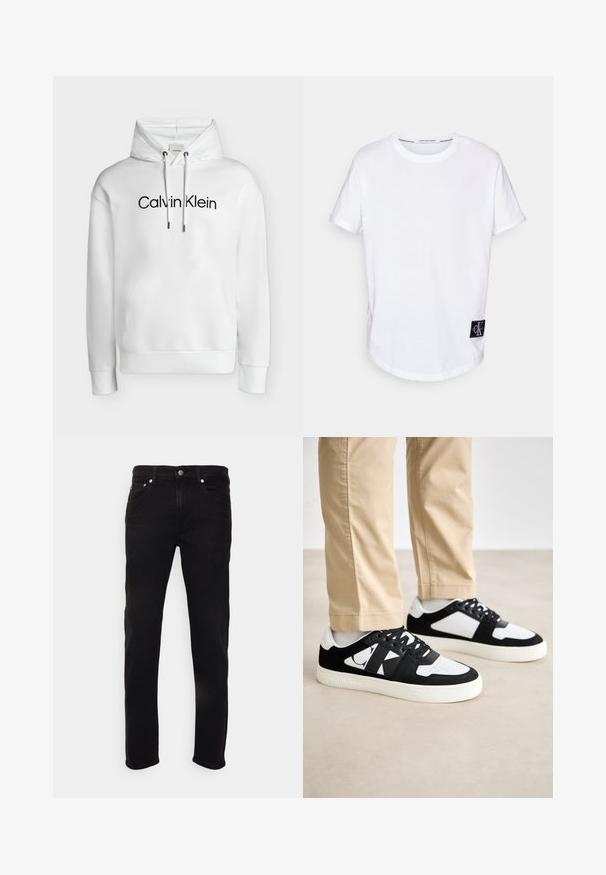 Weißer Hoodie mit Fronttasche, verstellbaren Kordeln und schwarzem „Calvin Klein“-Logo mittig auf der Brust.; Weißes Baumwoll-T-Shirt mit umgeschlagenen Kurzärmeln, abgerundetem Saum und einem schwarzen Logotag mit "CK" auf der unteren linken Seite.; Schwarze Denim-Jeans mit geradem Schnitt, Fünf-Taschen-Design, Reißverschluss und Knopfverschluss. Mit subtilen Waschungen und minimaler Naht versehen.; Calvin Klein Jeans CLASSIC CUPSOLE HERITAGE - Sneaker low - black/bright white