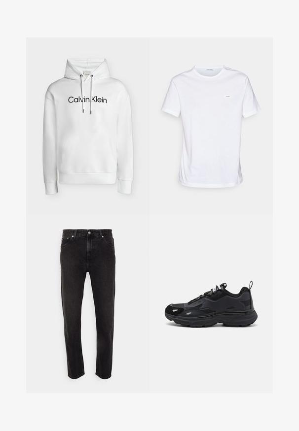 Valge kapuutsiga dressipluus ees taskuga, reguleeritavate nöörikutsega ja musta värvi "Calvin Klein" logo rinnal keskel.; Valge puuvillane t-särk lühikeste varrukatega, ümar kaelus ja väike brändi silt rinnal. Sile tekstuur ja minimalistlik disain.; Mustadest denimist valmistatud sirge lõikega teksad, millel on keskmise tõusuga vöökoht, vöörihmade kohad ja viie tasku stiil. Pehme tekstuur vähese kulumisega.; Mustad mustre Runningu jalanõud, millel on tekstuuriga ülemine osa, siledad sünteetilised aktsendid, paks talla ja peegeldavad detailid. Omab rattakujundust ja tõmbe tahan.