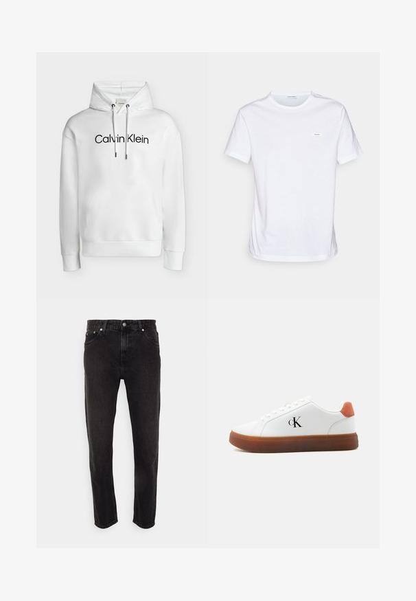 Witte hoodie met voorzak, verstelbare trekkoorden en een zwart "Calvin Klein"-logo in het midden van de borst.; Witte katoenen t-shirt met korte mouwen, ronde hals, en een klein merklabel op de borst. Gladde textuur en minimalistisch ontwerp.; Zwarte spijkerbroeken van denim met een rechte pijpdesign, voorzien van een middelhoge taille, riemlussen en vijf-pocketstijl. Zachte textuur met minimale vervaging.; Witte lage sneaker met bruine zool, oranje hieltab, veters en "cK" logo aan de zijkant.