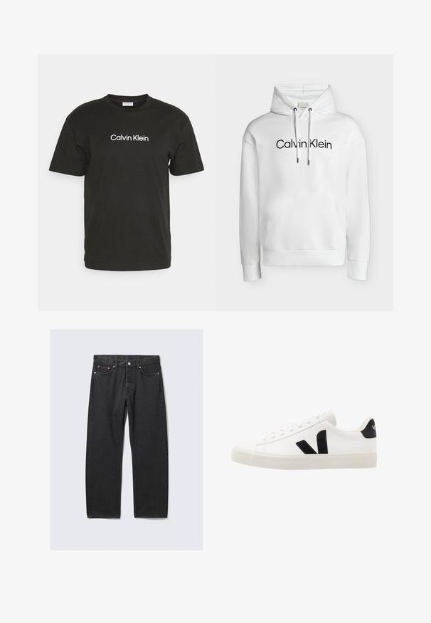 Witte hoodie met voorzak, verstelbare trekkoorden en een zwart "Calvin Klein"-logo in het midden van de borst.; Zwarte katoenen t-shirt met een ronde halslijn en korte mouwen, met het logo "Calvin Klein" in het wit gedrukt op de voorkant.; Zwarte rechte denim jeans met vijf zakken en een knoopsluiting in de taille, plat gelegd op een lichte achtergrond.; Witte leren sneaker met zwarte suède accenten; voorzien van een rubberen zool, ronde neus en een klassieke vetersluiting. Zijkant met logo in het zwart.