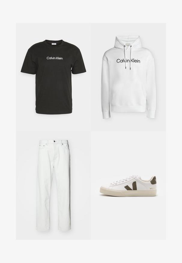 Valge kapuutsiga dressipluus ees taskuga, reguleeritavate nöörikutsega ja musta värvi "Calvin Klein" logo rinnal keskel.; Must heermees mustsärk, millel on ümar kaelus ja lühikesed varrukad, esipoolt kaunistab valge "Calvin Klein" logo.; Valged teksapüksid sirge lõikega, viie taskuga disain, nupuga kinnitamine ja peened õmbluse detailid. Sile tekstuur ja minimalistlik stiil.; Valged nahast tossud kerge beeži kummitaldaga. Omavad pruuni seemisnahast V-logo ja kanna äärt. Kohandatav sulgemine tekstuuriga pinnaga.