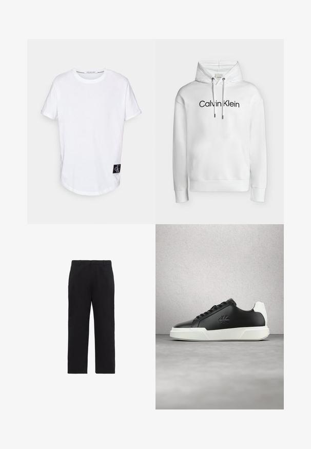 Weißer Hoodie mit Fronttasche, verstellbaren Kordeln und schwarzem „Calvin Klein“-Logo mittig auf der Brust.; Weißes Baumwoll-T-Shirt mit umgeschlagenen Kurzärmeln, abgerundetem Saum und einem schwarzen Logotag mit "CK" auf der unteren linken Seite.; Schwarze Hose mit geradem Bein, Gürtelschlaufen, Reißverschluss vorne und Seitentaschen, auf weißem Hintergrund abgebildet.; Schwarzer Ledersneaker mit rundem Zehenbereich, weißer Gummisohle und schwarzen Schnürsenkeln. Mit einem Logo an der Seite und einem kontrastierenden weißen Fersenakzent.