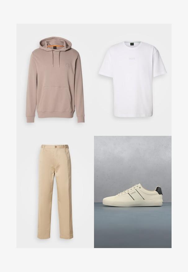 Sudadera con capucha de color marrón claro, con bolsillo frontal y cordones, que presenta un pequeño parche de logo cuadrado en el pecho.; Camiseta de algodón blanca de manga corta, con escote redondo y logotipo grabado de "BOSS" en el pecho. Textura suave, ajuste estándar.; Pantalones beige hechos de una tela ligera, con un diseño de pierna recta, cinturilla con trabillas y un solo botón en la parte frontal.; Zapatillas de color crema con una textura suave, que presentan acentos y marcas en negro. Diseño clásico de cordones con punta redonda y suela de goma.