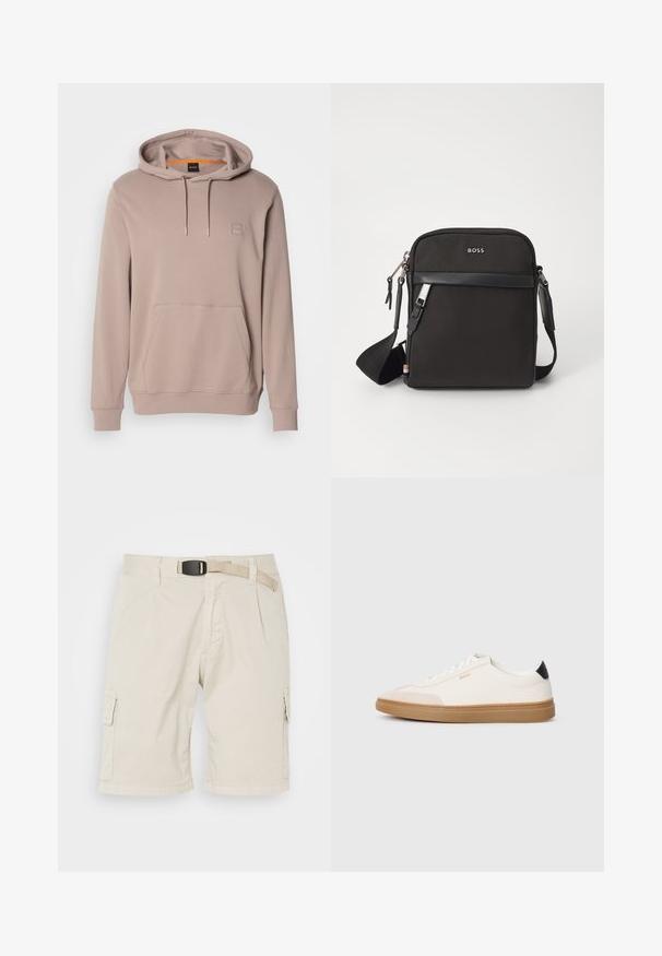 Lichtbruine hoodie met een voorzak en trekkoorden, met een klein vierkant logo-opdruk op de borst.; Beige cargoshorts met een vlakke voorkant, riemlussen, plooien, zijzakken en een gestructureerde stof. De lengte reikt tot halverwege het bovenbeen.; Witte sneakers met beige accenten, bovenwerk van glad leer, ronde neus en rubberen gumzool, met een zwarte hieltab en subtiele branding.; Zwarte schoudertas van textuurstof, met logo aan de voorkant, ritssluiting en verstelbare schouderband. Voorzien van een gladde leren rand.