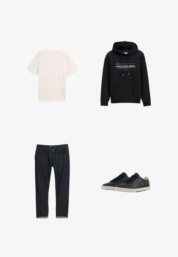 Sort hættetrøje med kængurulomme, snøre ved halsen og multicolorede grafiske tekster med vandrette linjer og "ETABL. 2007."; Kortærmet T-shirt med rund hals i off-white bomuld. Har en afslappet pasform med glat tekstur og ingen bemærkelsesværdige mønstre eller accenter.; Mørk denimjeans med slim fit, featuring optrullede manchetter, klassisk fem-lomme-design og knaplukning, sat mod en hvid baggrund.; Marine læder sneakers med hvide gummisåler, rund tå og sorte snørebånd. Subtile teksturer og branding på siderne. Casual design.