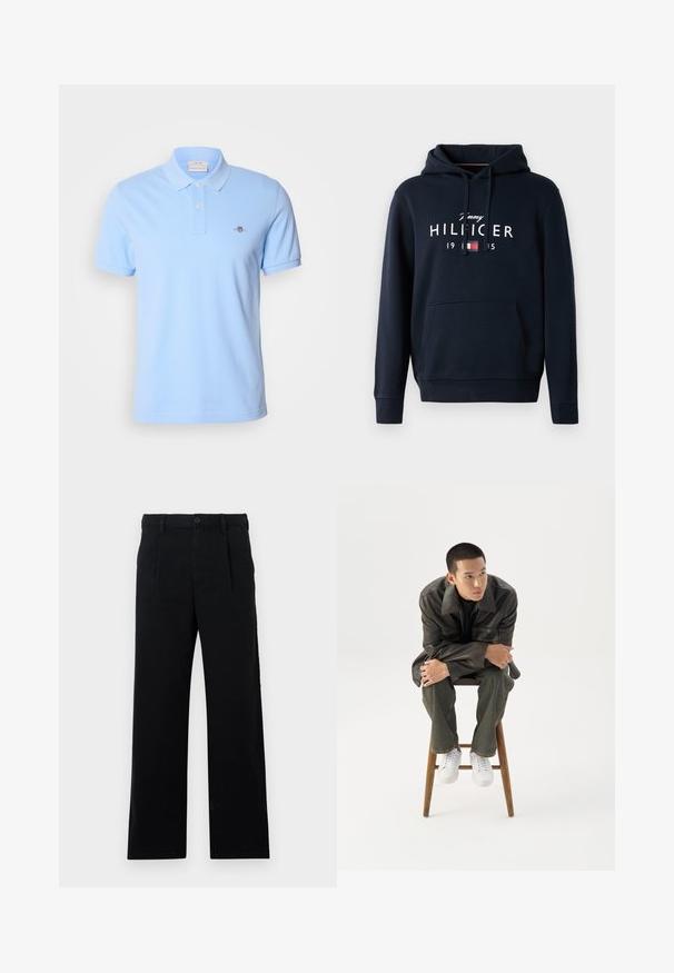 Sweat à capuche bleu marine en tissu doux, avec une poche kangourou, une capuche à cordon et un logo en texte blanc avec des accents rouges et bleus.; Polo shirt à manches courtes bleu clair en coton, avec une patte de boutonnage à deux boutons et un petit logo brodé sur la poitrine gauche.; Pantalons noirs ajustés en coton ; ils présentent un devant plat, des coutures visibles, et une coupe droite. Fermeture par bouton à la taille.; Jeune homme en veste en cuir foncée et jean, assis sur un tabouret en bois, penché en avant, les bras croisés, regardant sur le côté sur fond blanc.