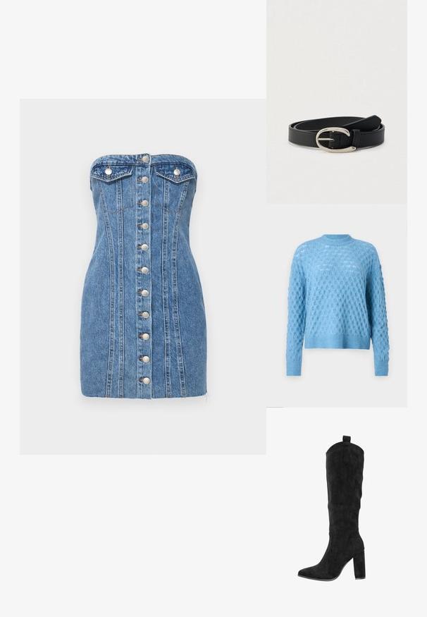 Lyseblå strikket sweater med et struktureret diamantmønster, rund halsudskæring og lange ærmer. Ribkantede manchetter og kant giver detaljer.; Stropeløs denim mini kjole i lyseblå med sølvknapper ned langs forsiden, der har to brystlommer og lodrette sømdetaljer.; Knæhøje sorte støvler i ruskind med spids tå, tyk blokhæl og syninger på siderne. Træksnor øverst for nem påtagning.; Sort læderbælte med sølvfarvet ovalt spænde, rullet sammen på en lysegrå baggrund.
