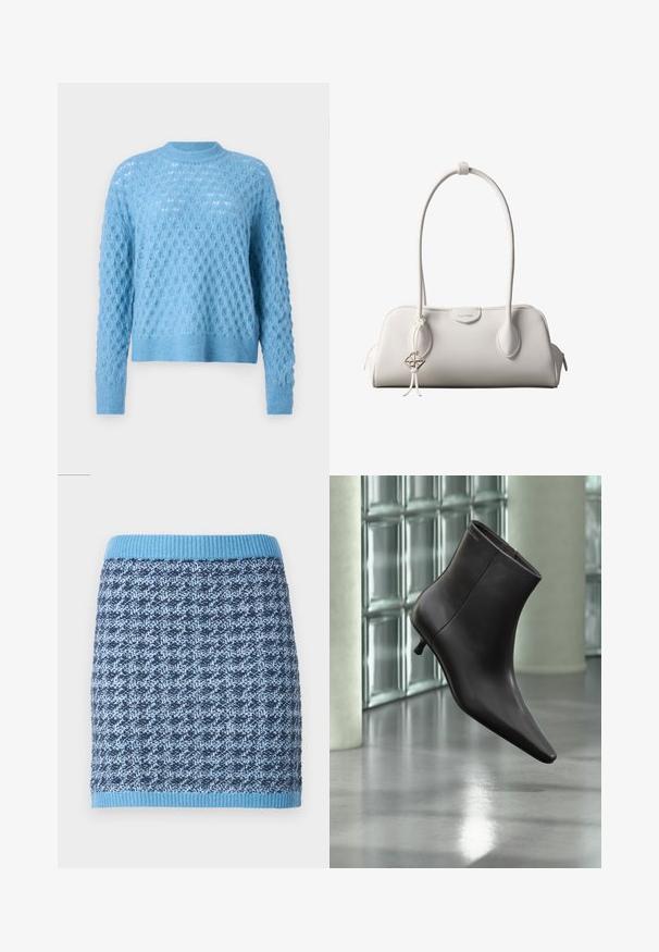 Hellblauer gestrickter Pullover mit strukturiertem Rautenmuster, rundem Ausschnitt und langen Ärmeln. Gerippte Bündchen und Saum verleihen zusätzliche Details.; Strickrock mit geometrischem Muster in Blautönen, ausgestattet mit einem gerippten, hellblauen Bund und einer strukturierten Stoffoberfläche.; Schwarzer Leder-Knöchelstiefel mit spitzer Spitze und kleinem Absatz vor einer Wand aus Glasbausteinen und einem polierten Boden.; Weiße Calvin Klein Schultertasche mit langen Griffen, rechteckiger Form, Reißverschluss und dekorativem Logo-Anhänger, der in der Nähe des Griffs hängt.