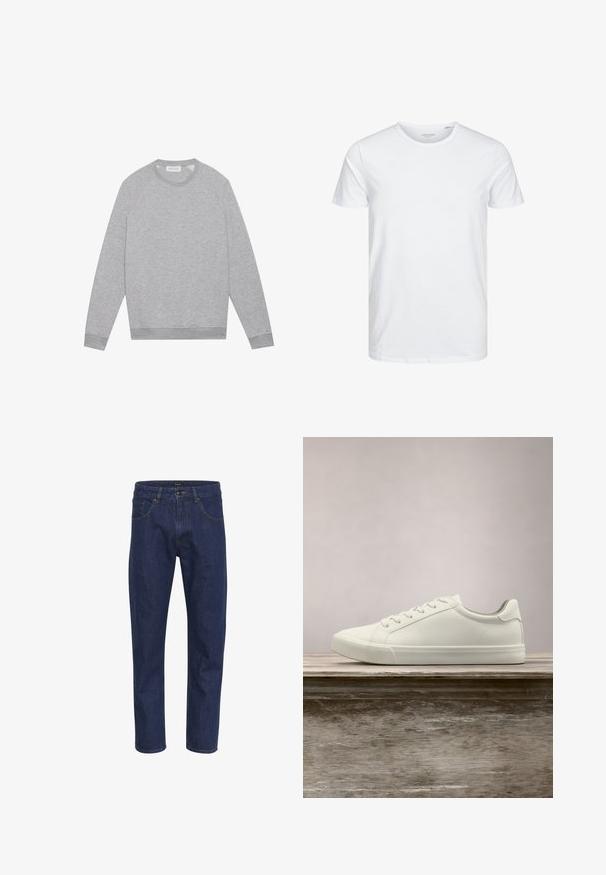 Vaaleanharmaa pitkähihaisten crewneck-sweatshirt, jossa on ribattu hihansuut ja helma, esitetty litteänä yksinkertaisella taustalla.; T-paita pyöreällä kauluksella ja lyhyillä hihoilla, mikä on valmistettu pehmeästä puuvillasta ja siinä on yksinkertainen muotoilu ilman näkyviä kuvioita tai aksentteja.; Tummansiniset farkut, joissa on suora leikkaus, viisi taskua ja keltainen ommel saumoissa. Kangas on sileäpintainen.; Valkoiset nauhalla kiinnitettävät lenkkarit leijuvat puupenkillä, taustalla vihreää kasvillisuutta, tuoden esiin kengän muotoilua ja pintarakennetta.