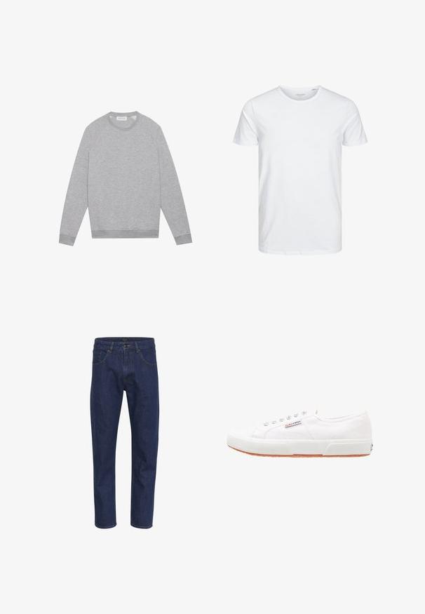 Heledhall hallhii white crewneck sweatshirt, millel ribbed cuffs ja hem, paigaldatud tasasele taustale.; Ümmarguse kaelusega lühikeste varrukatega T-särk, mis on puhtast valgest pehmest puuvillast, omab lihtsat disaini ilma nähtavate mustrite või aktsentideta.; Tumedat sinised teksad, mis on sirge lõikega, viie taskuga ja kollaste õmblustega õmblustes. Kangas on sileda tekstuuriga.; Valged kanvasist tossud, millel on kummist tald, nööpidega kinnitamine ja väike logo silt küljel. Tekstureeritud valge ülaserv ja pruun tall.