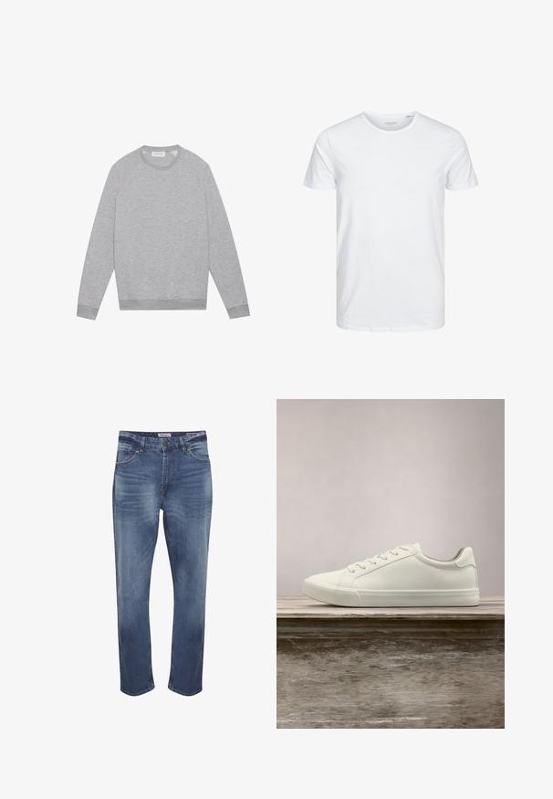 Lichtgrijze longsleeve crewneck sweatshirt met geribde manchetten en zoom, plat weergegeven op een effen achtergrond.; Ronde hals kortemouwen t-shirt in effen wit, gemaakt van zachte katoen, heeft een eenvoudig ontwerp zonder zichtbare patronen of accenten.; Denim jeans in middelblauw met een vervaagde afwerking, vijf zakken ontwerp, ritsvlieg, en een standaard rechte pijp snit. Kenmerkende stikseldetails.; Witte vetersneaker die boven een houten bank zweeft met groene bladeren op de achtergrond, waarbij het ontwerp en de textuur van de schoen worden getoond.
