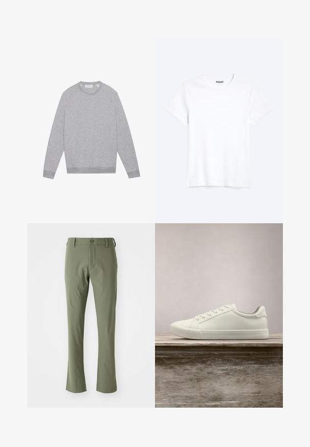 Lys grå langærmet crewneck sweatshirt med ribbede manchetter og kant, vist fladt på en ensfarvet baggrund.; Enkelt hvid T-shirt med korte ærmer og rund hals med synligt WEEKDAY-mærke i kraven, vist på en lys baggrund.; Grønne skræddersyede bukser med slim fit, lavet af glat stof. Har en frontlynlås, knaplukning og lige sømme.; Hvide snørresneakers svævende over en træbænk med grønne planter i baggrunden, der fremhæver skodesign og tekstur.