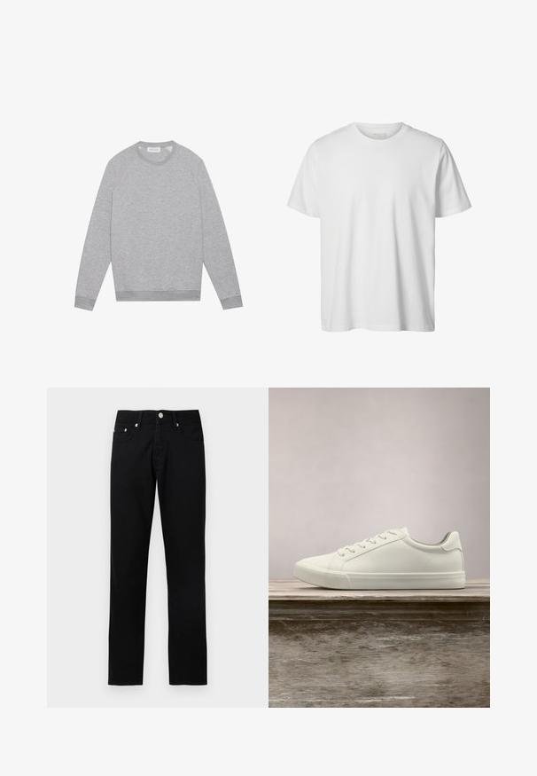 Lys grå langærmet crewneck sweatshirt med ribbede manchetter og kant, vist fladt på en ensfarvet baggrund.; Enkelt hvid T-shirt med korte ærmer og rund hals, løs pasform og uden synlige logoer eller designs foran.; Sorte jeans med lige ben, frontknapper, lynlås, bæltestropper og fem lommer på en lys grå baggrund.; Hvide snørresneakers svævende over en træbænk med grønne planter i baggrunden, der fremhæver skodesign og tekstur.