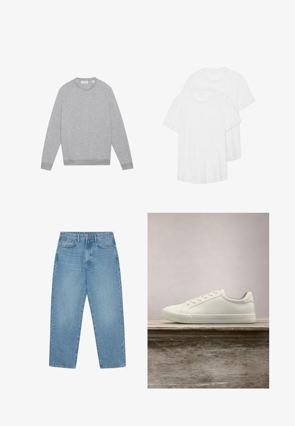 Heledhall hallhii white crewneck sweatshirt, millel ribbed cuffs ja hem, paigaldatud tasasele taustale.; Kaks valget lühikeste varrukatega puuvillast T-särki, millel on ümar kaelus, pehme tekstuur ja lihtne, kaunistusteta disain.; Hele sinised teksapüksid sirge säärega, viie taskuga disain ja kergelt tuhmunud tekstuuriga. Varustatud nupuga ja luku sulgemisega.; Valged nööpidega ketsid, mis hõljuvad puidust pingil rohelise lehestiku taustal, näidates uue disaini ja tekstuuri.
