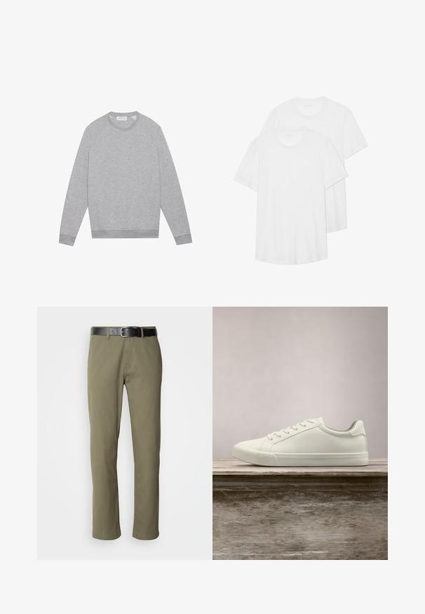 Lichtgrijze longsleeve crewneck sweatshirt met geribde manchetten en zoom, plat weergegeven op een effen achtergrond.; Twee witte T-shirts met korte mouwen van katoen, met een ronde halslijn, zachte textuur en een eenvoudig, onopgesmukt ontwerp.; Olivengroene rechte broek van katoen, met een zwarte leren riem, zichtbare stiksels en zijzakken.; Witte vetersneaker die boven een houten bank zweeft met groene bladeren op de achtergrond, waarbij het ontwerp en de textuur van de schoen worden getoond.