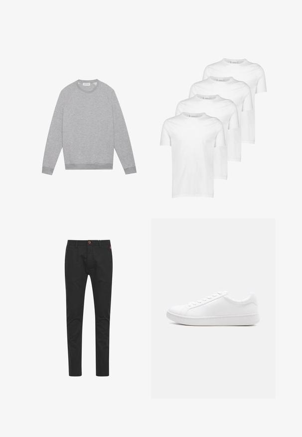 Lichtgrijze longsleeve crewneck sweatshirt met geribde manchetten en zoom, plat weergegeven op een effen achtergrond.; Witte katoenen T-shirts, korte mouwen, ronde halslijn, gladde textuur, vier stuks gestapeld met een consistent ontwerp en zonder patronen of accenten.; Zwarte chinos met een slim fit, gemaakt van katoen, voorzien van een bruine knoopsluiting, vier zakken en klassieke stikseldetails.; Witte lage sneaker met veterluiting, glad leren bovenwerk en dikke rubberen zool, zijaanzicht op een effen achtergrond.