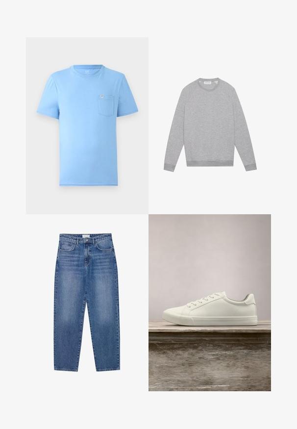Lys grå langærmet crewneck sweatshirt med ribbede manchetter og kant, vist fladt på en ensfarvet baggrund.; Lyseblå kortærmet T-shirt lavet af blød bomuld. Har rund halsudskæring og en brystlomme med et mærketag. Glat tekstur.; Blå denim jeans med høj talje, lige ben design og slidte finish. Har fem lommer og en knaplukning.; Hvide snørresneakers svævende over en træbænk med grønne planter i baggrunden, der fremhæver skodesign og tekstur.