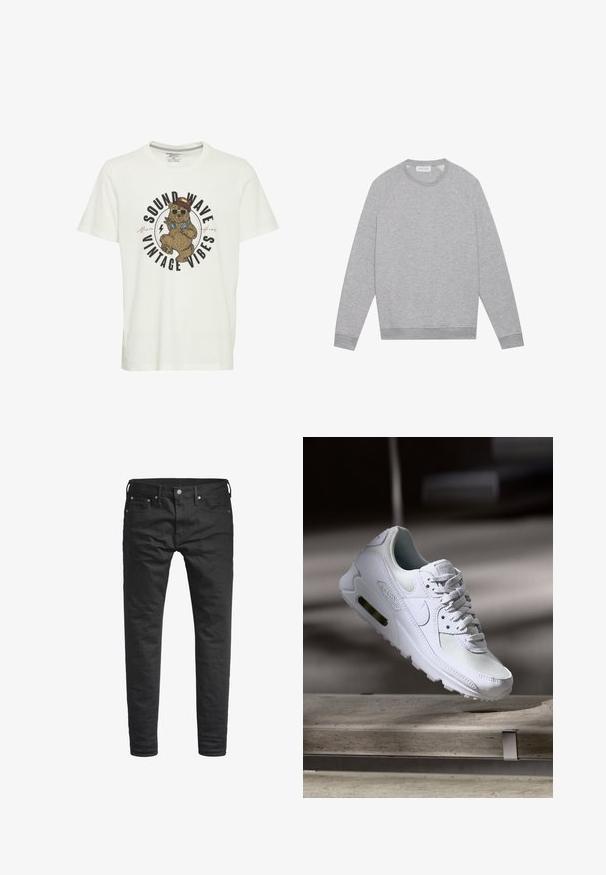 Lys grå langærmet crewneck sweatshirt med ribbede manchetter og kant, vist fladt på en ensfarvet baggrund.; Hvid bomulds T-shirt med et grafisk motiv af en bjørn i solbriller og hat, med teksten "SOUND WAVE VINTAGE VIBES" i fed skrift.; Sorte slim-fit jeans med forlommer, bæltestropper og en knappelukning, præsenteret mod en hvid baggrund.; Hvide Nike Air Max 90 sneakers med en overdel i mesh og læder, perforeret tåboks og en synlig luftenhed i hælen.