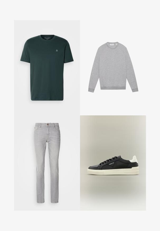 Hellgrauer Langarm-Shirt mit Rundhalsausschnitt, ribbelten Ärmeln und Saum, flach auf einem schlichten Hintergrund präsentiert.; Dunkelgrünes T-Shirt aus weichem Stoff, mit Rundhalsausschnitt und kurzen Ärmeln. Besticktes Logo auf der linken Brust.; Hellgraue Jeans aus Denim mit gerade geschnittenem Schnitt, ausgestattet mit fünf Taschen, einem Knopfverschluss und dezenten Waschungseffekten.; Schwarzer Ledersneaker mit weißer Ferse, rundem Zeh, perforierten Details, schwarzen Schnürsenkeln und einer cremefarbenen Gummisohle; mit "REPLAY" Logo.
