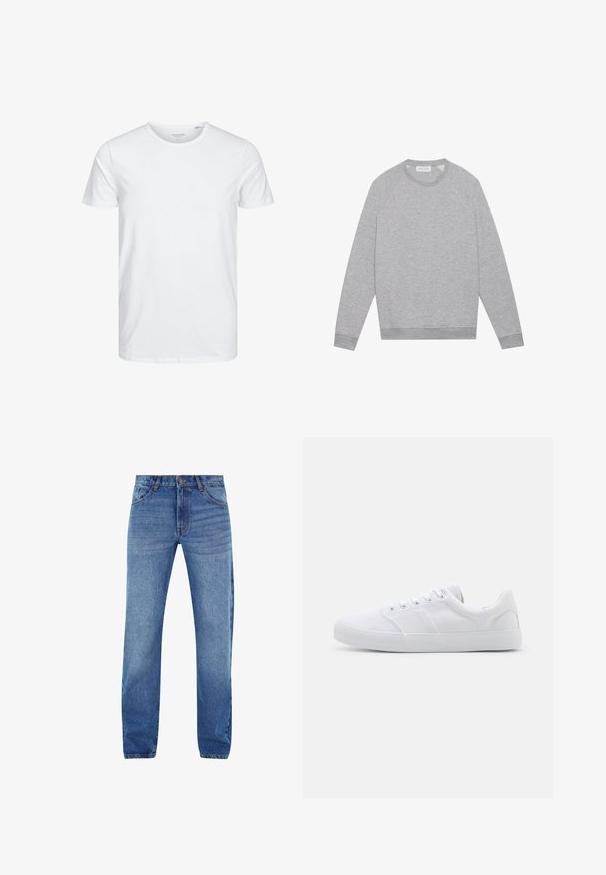 Sweat-shirt à col rond gris clair à manches longues avec des poignets et un ourlet côtelés, présenté à plat sur un fond uni.; T-shirt à col rond à manches courtes de couleur blanche unie, fabriqué en coton doux, avec un design simple sans motifs ni accents visibles.; Jean en denim bleu à coupe droite, cinq poches et fermeture éclair. Décoloration subtile à l'avant, accents cousus en orange.; Baskets en toile blanches avec une semelle en caoutchouc, dotées de six œillets, d'un embout texturé et d'un design minimaliste.