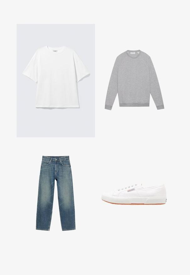Sweat-shirt à col rond gris clair à manches longues avec des poignets et un ourlet côtelés, présenté à plat sur un fond uni.; T-shirt blanc oversize à manches courtes, col rond, épaules tombantes, posé à plat sur fond gris clair.; Jean en denim bleu coupe droite avec poches avant, passants de ceinture et fermeture par bouton, présenté sur fond blanc.; Baskets en toile blanches avec une semelle en caoutchouc, design à lacets et une petite étiquette logo sur le côté. Tige blanche texturée et semelle extérieure marron.