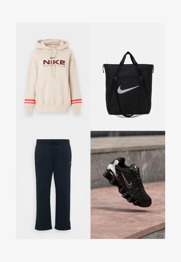 Sudadera con capucha beige de Nike con bolsillo frontal, franjas rojas en las mangas y el logo "Nike Athletic Club" en negro y rojo en el pecho.; Pantalones de chándal negros con cintura elástica y cordón ajustable. Presenta un pequeño logo blanco de Nike en el lado izquierdo. Textura de tela suave.; Zapato deportivo negro con parte superior de malla texturizada, detalles plateados y una suela negra gruesa y brillante con elementos acolchados redondeados.; Bolsa tote negra de nailon con dos asas resistentes y cierre de cremallera. Presenta un destacado logo de Nike en blanco con un diseño de rayas horizontales.