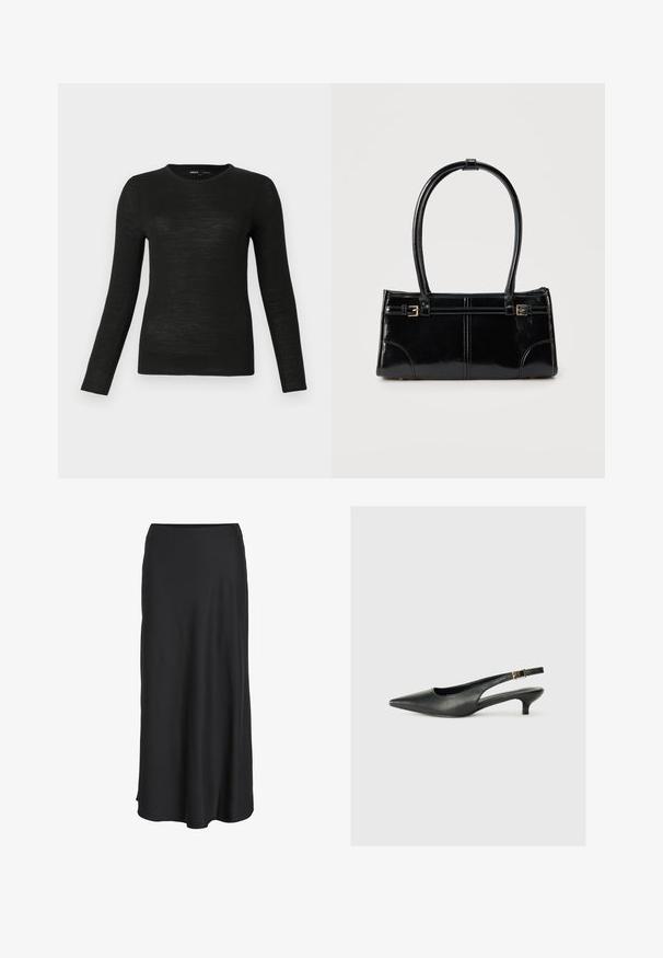 Sort langærmet crew neck tætsiddende sweater med glat tekstur, præsenteret på en ensfarvet lys grå baggrund.; Sort maxinederdel lavet af glat, letvægtsstof. Har en enkel A-formet silhuet med en let udvidet kant og ingen synlige lukninger.; Sorte spidse slingback-sko lavet af glat læder. Har en tynd hæl og en spænde detalje på den justerbare rem.; Glansfuld sort rektangulær håndtaske med to tynde skulderremme og små guldbeslag foran.