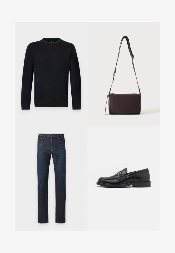 Marineblauer Pullover mit Rundhalsausschnitt aus weichem Strickstoff, mit gerippten Bündchen und Saum für eine körperbetonte Passform, mit einem dezenten Logodetail am Saum.; Dunkelblaue gerade geschnittene Denim-Jeans mit vorderem Knopf, sichtbaren Nähten und einem Fünf-Taschen-Design auf weißem Hintergrund.; Schwarze Lederleter mit einer abgerundeten Zehenpartie, ausgestattet mit goldenen Hardwareakzenten und Stichdetails, auf einer niedrigen, strukturierten Gummisohle.; Dunkelbraune, strukturierte Leder-Crossbody-Tasche mit verstellbarem Riemen und kleinem dekorativen blauen Akzent an der Seite.