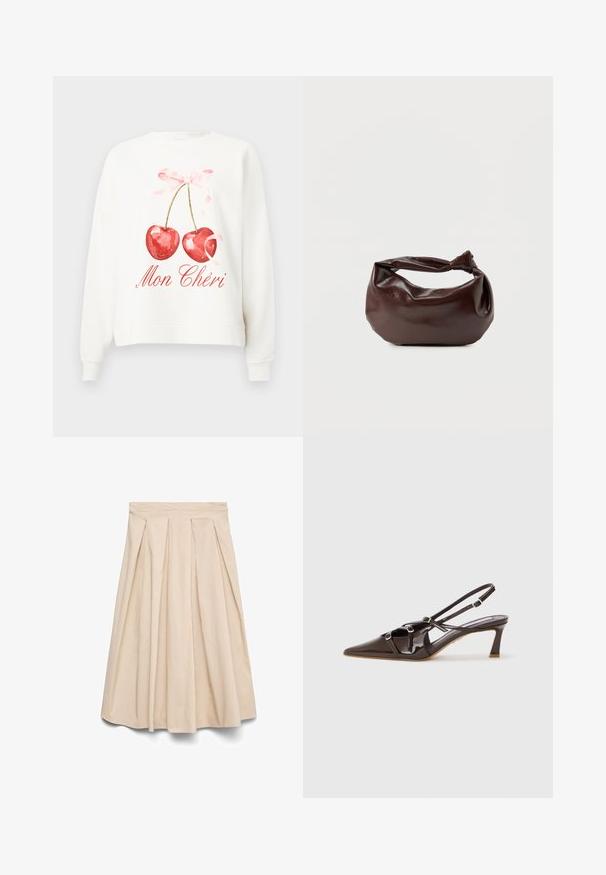 Witte sweatvest met rode aquarelkersen, vastgebonden met een roze lint en de tekst "Mon Chéri" in rood cursief daaronder.; Beige midirok met hoge taille en plooien aan de voorkant, uitlopende silhouet en gladde stof.; Bruine gepatineerde leren slingback hak met een spitze neus, verstelbare straps en decoratieve gespen aan de voorkant. 3-inch hakhoogte.; Donkerbruine leren schoudertas met een zachte, slungelige vorm en een gedraaide knoopvormige handgreep op een effen witte achtergrond.