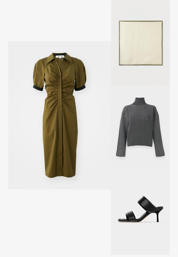 Suéter de cuello alto a rayas blancas y negras con mangas largas, presenta una textura acanalada y un diseño ajustado. Estilo limpio y minimalista.; Vestido verde olivo de longitud media con un diseño ajustado, mangas cortas abullonadas, cuello añadido y cierre de botones en la parte delantera. Acentos en las mangas en negro.; Sandalia mule de cuero negro con dos tiras anchas y un tacón de aguja delgado de altura media sobre un fondo claro y sencillo.; Pañuelo cuadrado color crema con pequeños lunares verdes y un borde verde oliva sobre un fondo blanco.