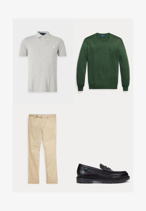 Pull vert à manches longues avec col rond, poignets et ourlet côtelés, arborant un petit logo brodé sur la poitrine gauche.; Polo gris clair à manches courtes avec deux boutons et petit logo blanc brodé sur la poitrine gauche.; Pantalon beige à jambes droites avec passants de ceinture et braguette zippée à l'avant, posé à plat sur un fond blanc.; Mocassin en cuir noir avec une semelle épaisse à crampons et une petite étiquette verte "Polo" sur le côté extérieur, près du talon.