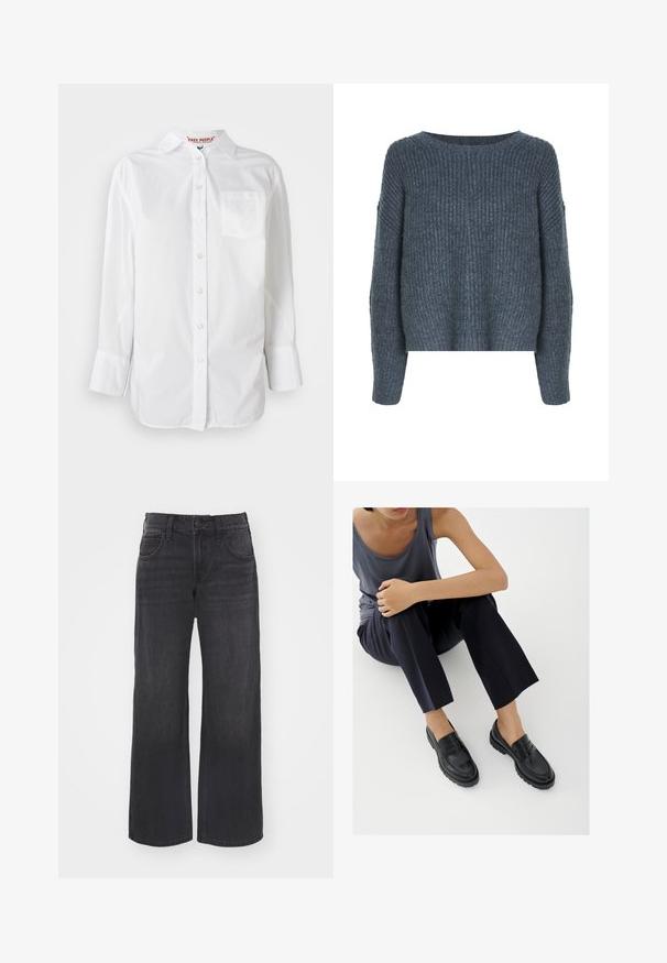 Weekday IVY - Džemper - dark grey; Valge pikkade varrukatega nööpidega särk krae ja rinna taskuga, esitlemine ühetoonilise tausta taustal.; Laiad tumeda denimi püksid kõrge vöökohtaga, nup closure ja viie tasku disainiga, millel on ühtlane tekstuur ja tume värv kogu ulatuses.; Mustad nahast loafersid tekstureeritud detailidega, madala kontsaga, ümmarguse varbaosaga ja nähtava õmblustega. Modell kannab tumedaid pükse ja halli t-särki.